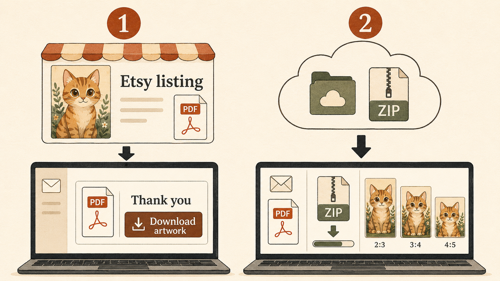 Branded buyer download PDF with shop logo and download button linking to art files on Google Drive